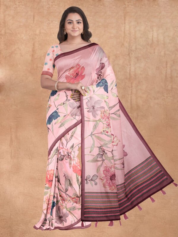 Women Light Pink Semi Chanderi Cotton Printed Saree MP04