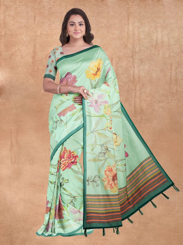 Women Green Semi Chanderi Cotton Printed Saree MP01