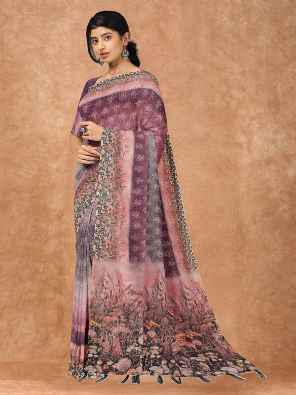 Women Purple Semi Chanderi Cotton Printed Saree MP05