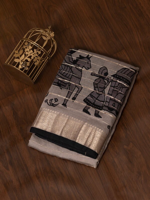Women Grey Semi Tussar Striped Saree ST207