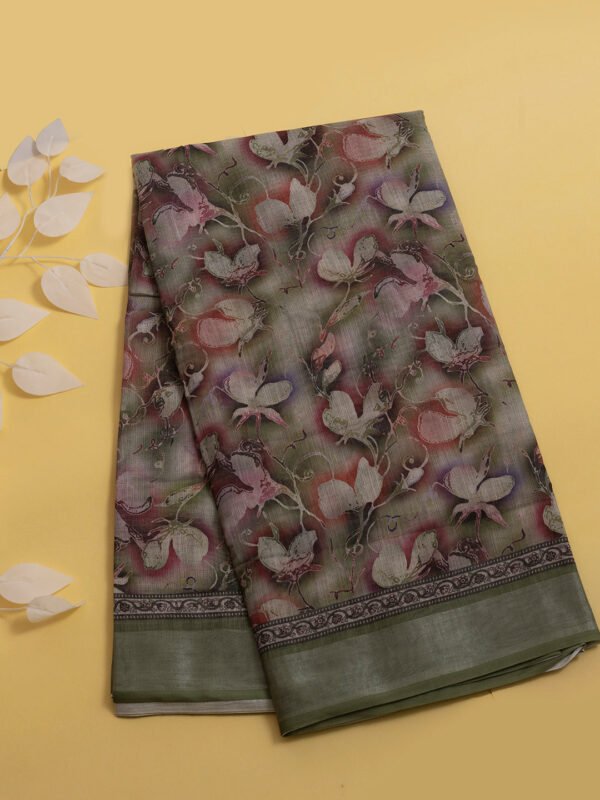 Women Semi Linen Digital Printed Saree Green SL189