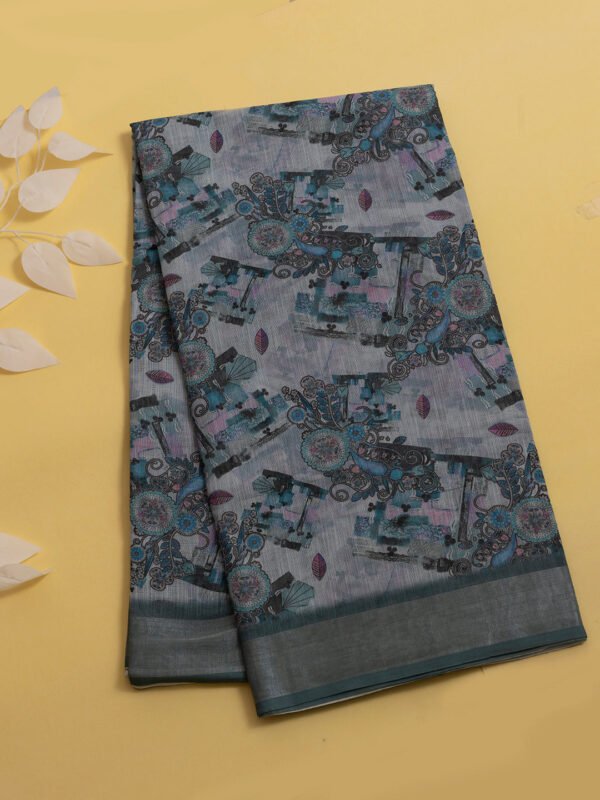 Women Semi Linen Digital Printed Saree Blue SL187