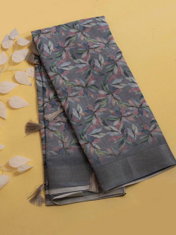 Women Semi Linen Digital Printed Saree Grey SL182