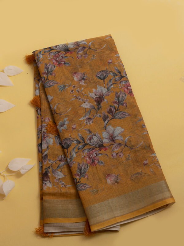 Women Semi Linen Digital Printed Saree Yellow SL180