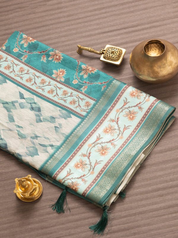 Women Teal Green Semi Tussar Printed Saree SS334