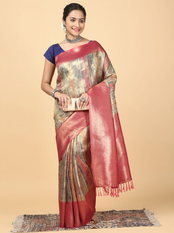 Women Semi Chanderi Cotton Printed Saree Gold SC37