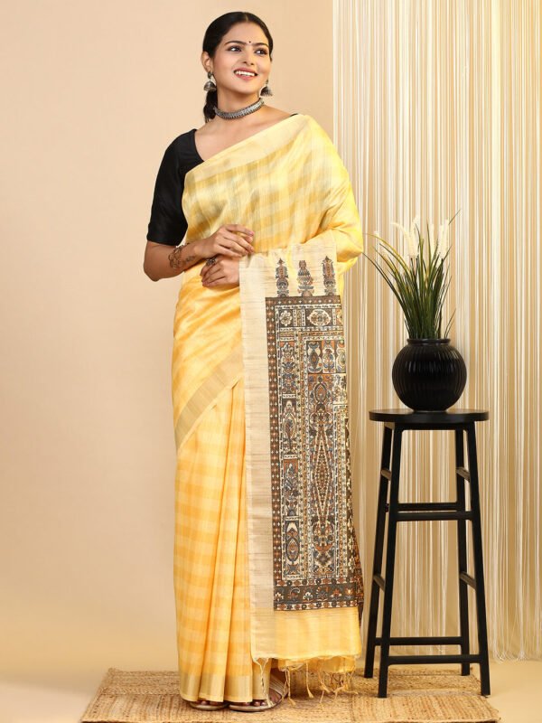 Women Semi Tussar Printed Saree Yellow ST184