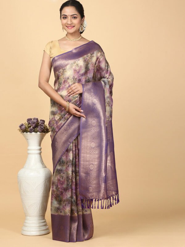 Women Semi Chanderi Cotton Printed Saree Violet SC36