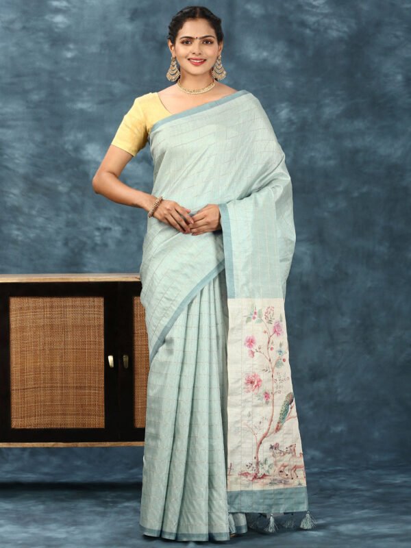 Women Semi Tussar Saree Blue ST162