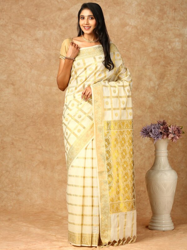 Women Kerala Cream Checked Saree KS153