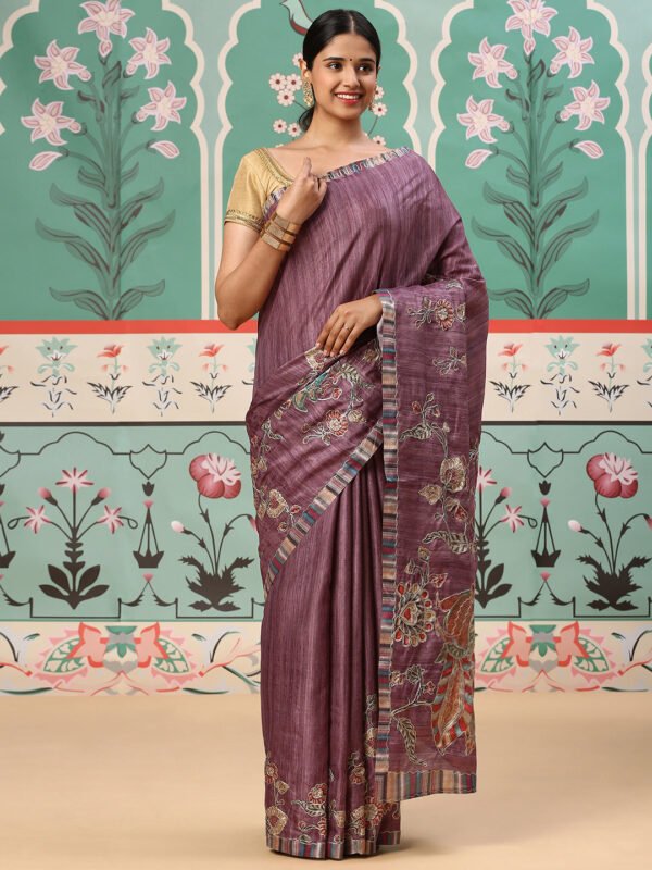 Women Semi Tussar Embroidery Saree Violet ST129