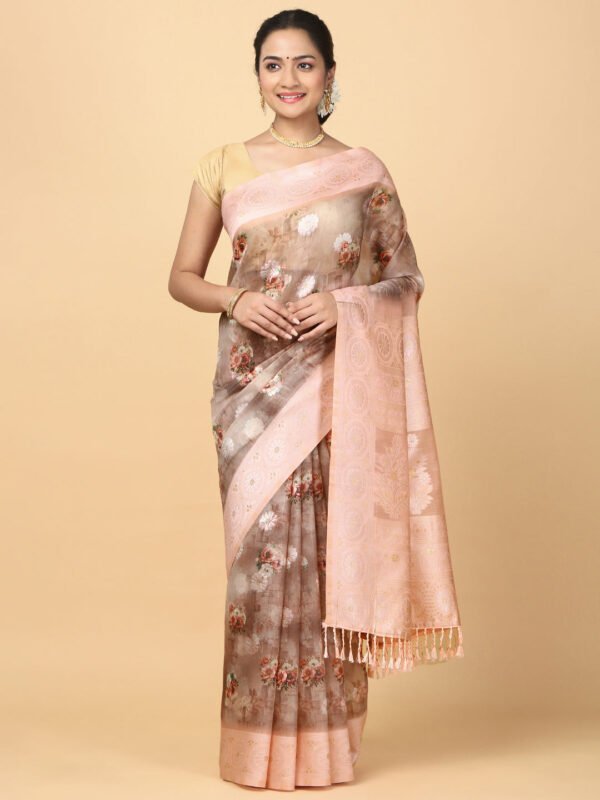 Women Semi Chanderi Cotton Printed Saree Peach SC32