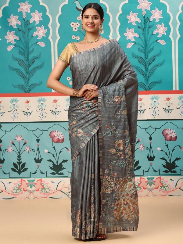 Women Semi Tussar Embroidery Saree Grey ST130