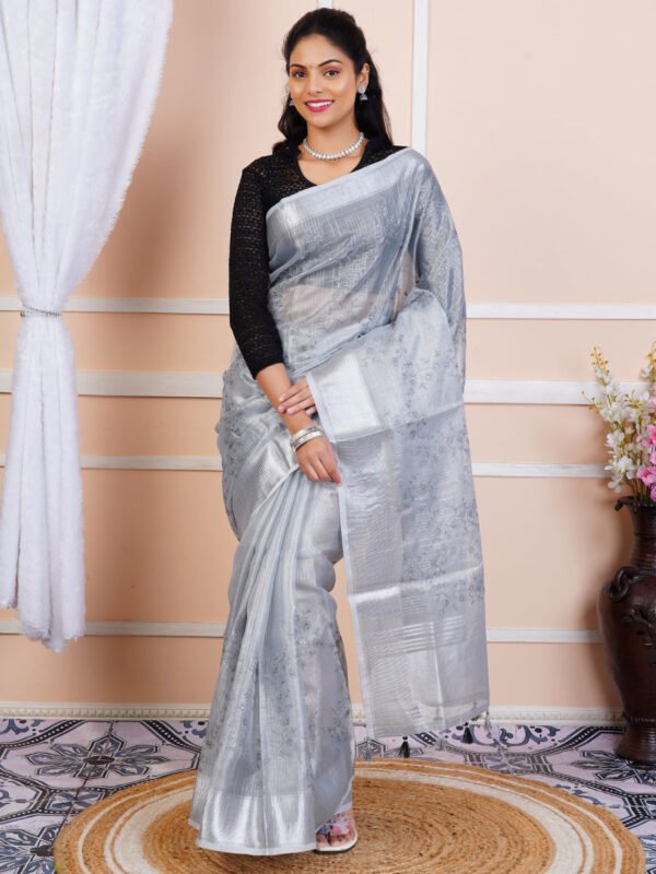 Women Semi Linen Weaving Saree Grey SL119